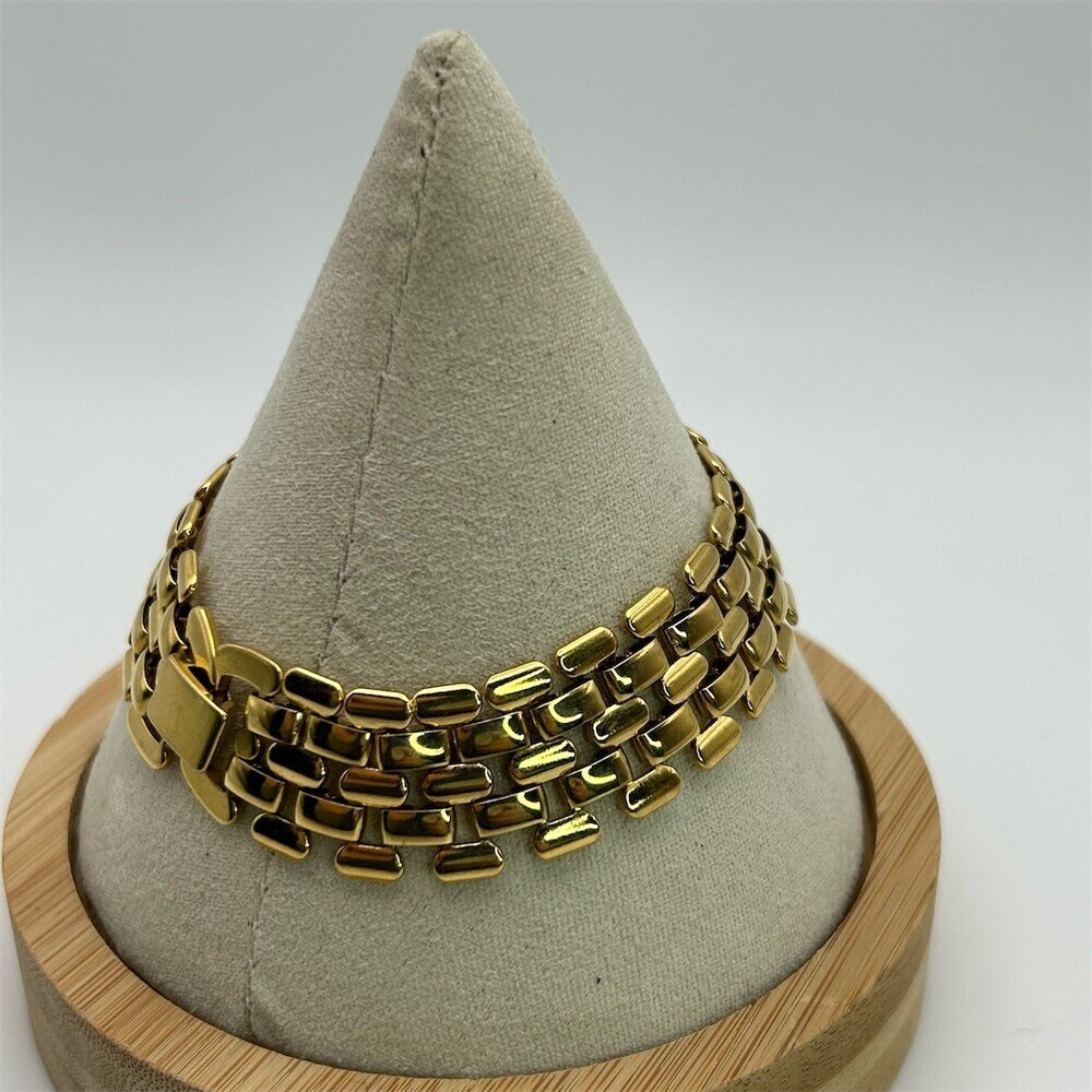 Woven Bracelet Gold Tone Multi-Row Brick Link Wide Statement 7" Foldover Clasp - Picture 3 of 7